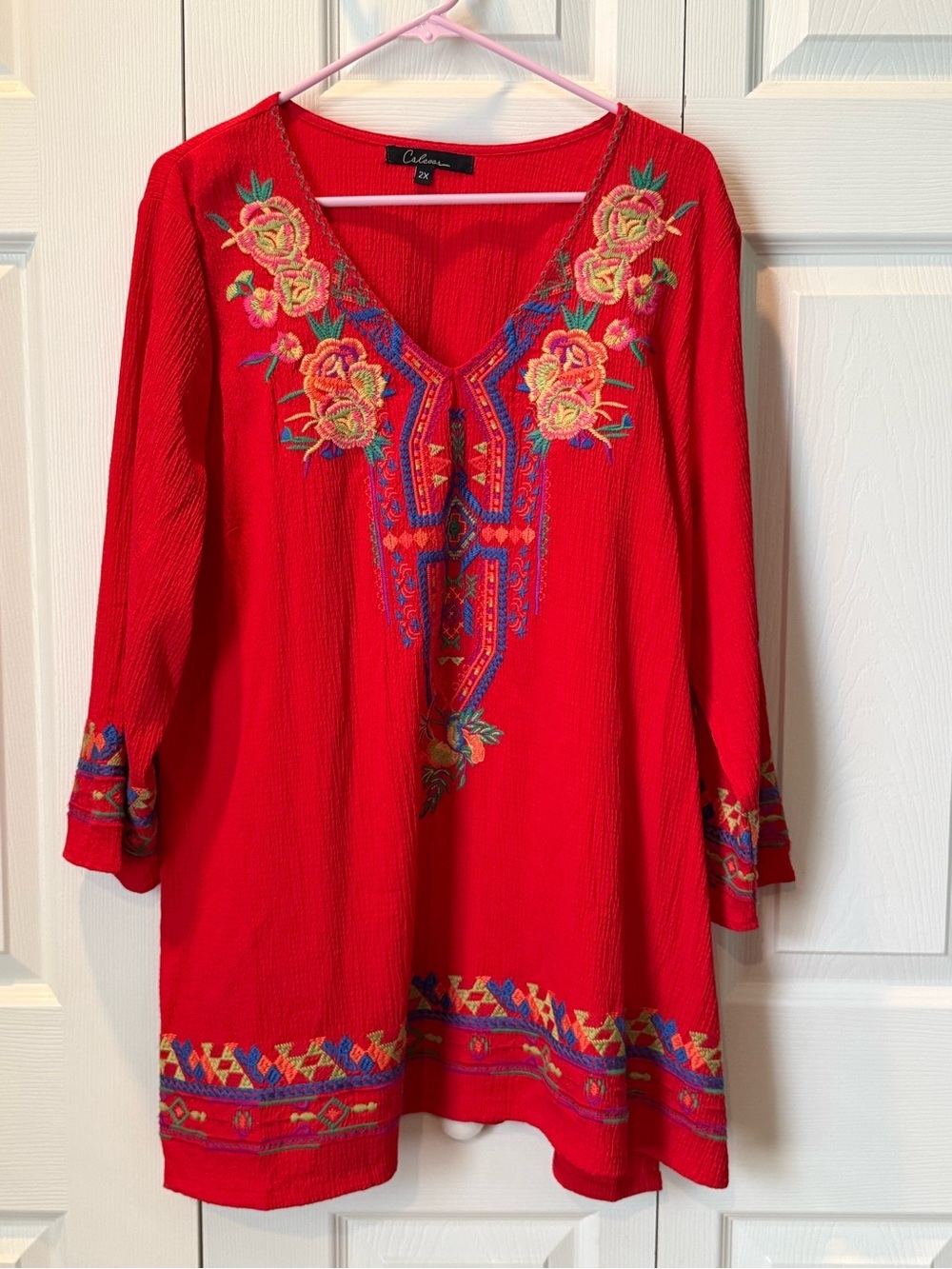 # Calessa 2XL Red Embroidered V-Neck Tunic Top